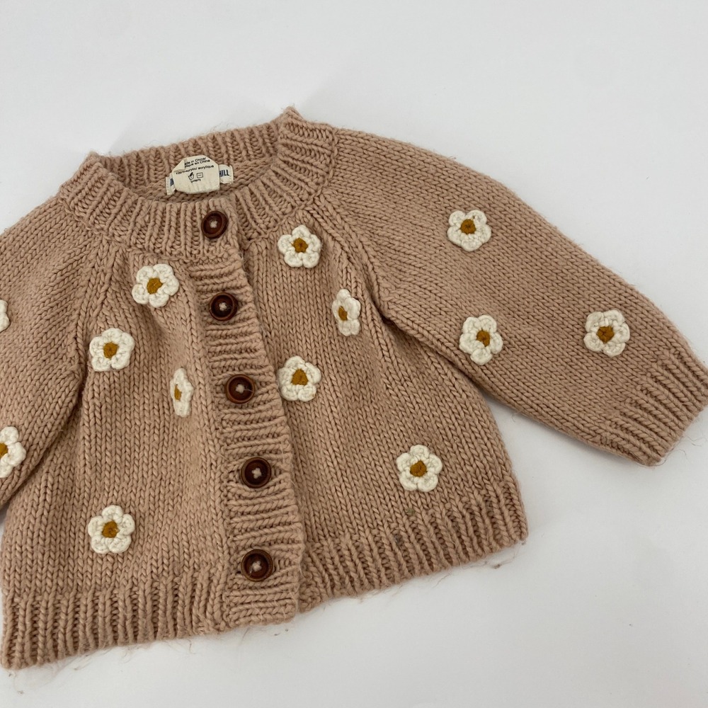 The Blueberry Hill Cardigan 12-24 Months Tan Daisy Crochet Chunky Knit Sweater